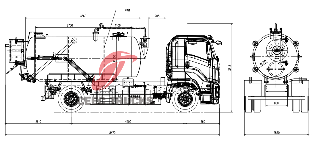 Technical drawing of Isuzu&nbsp;VC61&nbsp;Hydro&nbsp;Jetting&nbsp;Drain&nbsp;Cleaning&nbsp;truck